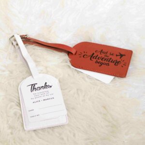 Captivating Souvenir Ideas for your Wedding - Leather Luggage Tag And so the Adventure Begins
