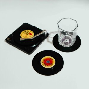 Vintage Vinyl Record Coasters with Record Player Holder